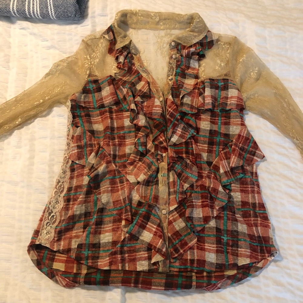 Free People Lace and Plaid Blouse